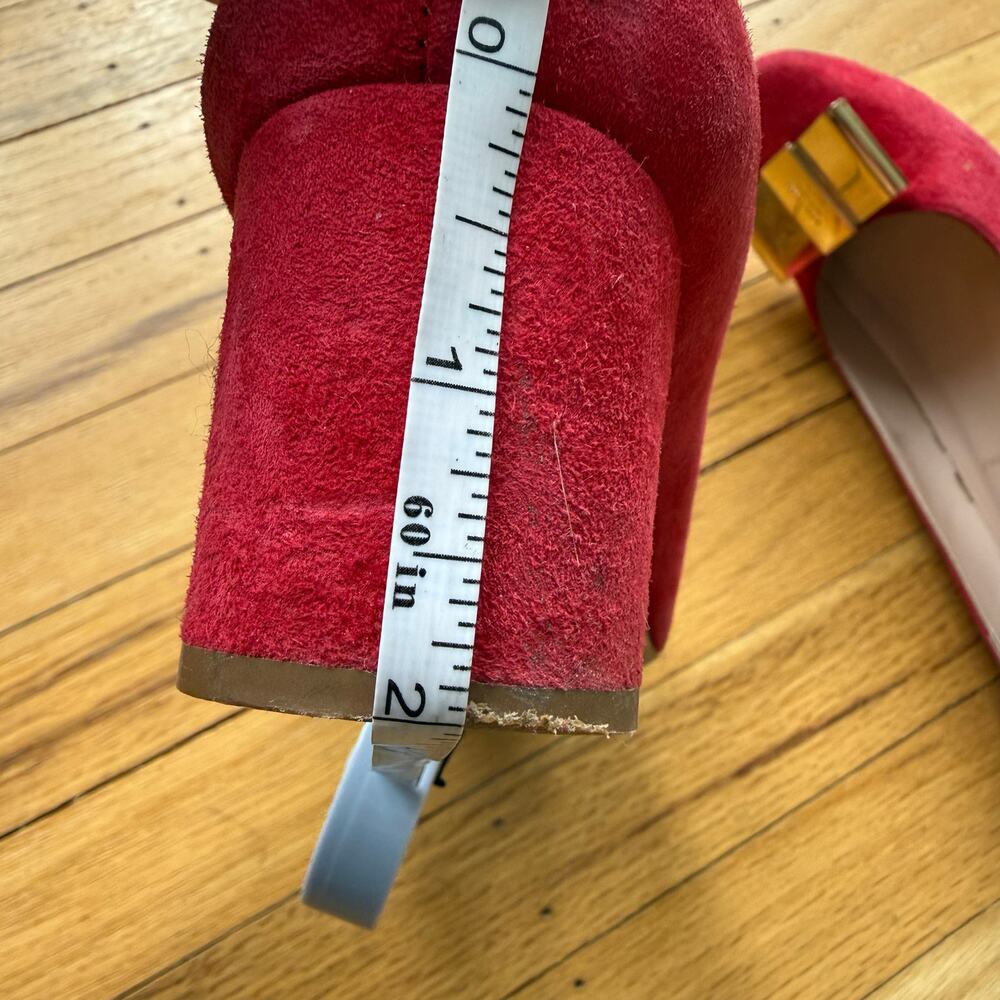Kate Spade Red Suede Dijon Gold Metal Bow Block Heel Size 6 Classic Preppy Chic - Picture 6 of 15